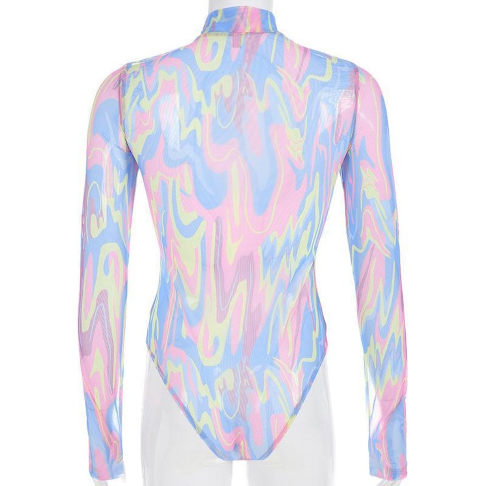 Pink blue yellow swirl all over print long sleeve mock neck bodysuit top - Picture 4 of 5